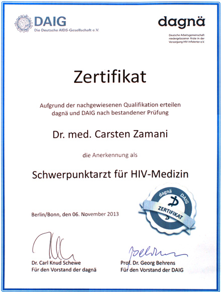 Dr. med. Carsten Zamani Zertifikat Schwerpunktarzt HIV Medizin