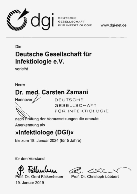 Dr. med. Carsten Zamani Zertifikat Infektiologie Medizin